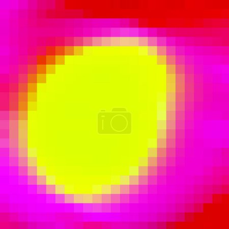 Schizophrenia Bound, Extruded blocks, blur, blowy, gradient, shaky, pixelate and squares deep pink, fuchsia and yellow background hovering over plain ground