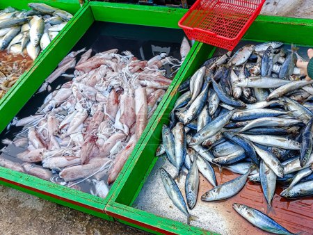Verkauf von Pindang-Fischen, Tintenfischen und Garnelen