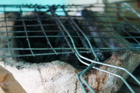 Una parrilla de pescado de alambre en una cocina de barro