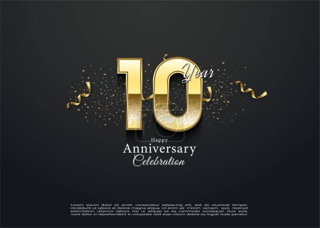 Illustration for 10th anniversary with a delicate golden number. vector premium design. - Royalty Free Image