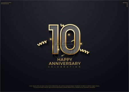 Ilustración de 10º aniversario con hermosa celebración de la decoración de la cinta de oro. vector de diseño premium. - Imagen libre de derechos
