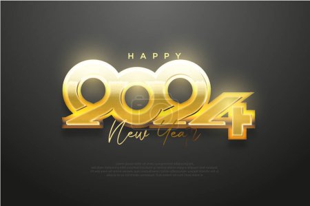 frohes neues Jahr 2024 mit sehr hellen und eleganten 3D-Gold-klassischen Ziffern. Konstruktionsnummer 2024.