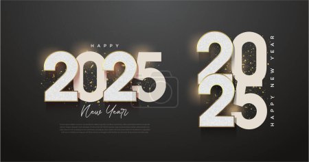 Illustration for Happy new year 2025. Shiny number design on black background. Premium design for a festive New Year celebration. - Royalty Free Image