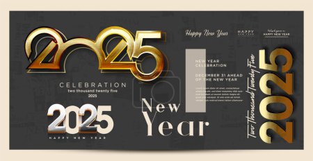 Illustration for New year 2025 poster. Number design with various concepts in one container on a dark background. Premium design for greetings, banners, posters, calendars or social media posts. - Royalty Free Image
