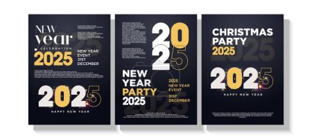 Illustration for New year 2025 poster. Poster background design with dark colors and with simple greetings. Vector premium design for a 2025 New Year celebration. - Royalty Free Image