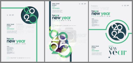 Concepto creativo Happy New Year 2025 poster set. Plantilla de diseño con logotipo de tipografía 2025 para la celebración de fondo y decoración de temporada. Antecedentes modernos y minimalistas para branding y banners.