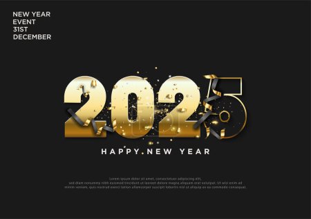 Feliz Año Nuevo 2025. Diseño elegante y hermoso número de color dorado. Diseño festivo y decoración de temporada. Fondo elegante para branding, banners, fundas y tarjetas.