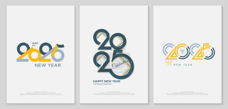 Sammlung von Plakaten für die Neujahrsfeier 2025. Auf weißem Hintergrund mit eleganten Zahlen und einem einfachen Konzept.