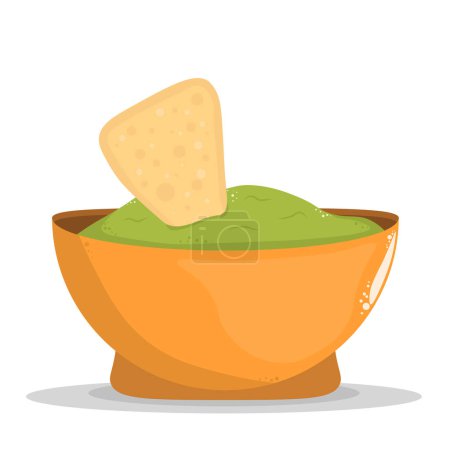 Guacamole with nachos - traditional Mexican latin american sauce made from avocado. Ceramic bowl with guacamole sauce and  tortilla chips. Vector flat illustration isolated on white.