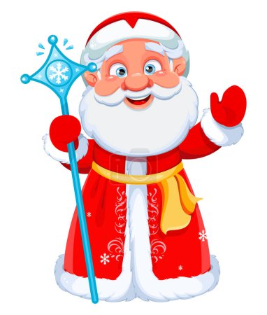Feliz Navidad y Feliz Año Nuevo. Padre Frost. Papá Noel ruso. Lindo personaje de dibujos animados. Stock ilustración vectorial sobre fondo blanco
