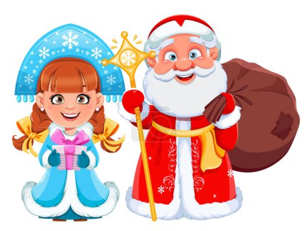 Happy New Year and Merry Christmas. Russian Father Frost (Santa Claus) and Snegurochka (Snow Maiden). Cute cartoon characters. Stock vector illustration on white background