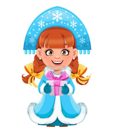 Happy New Year and Merry Christmas. Russian Snegurochka (Snow Maiden) holding gift box. Cute cartoon character for winter holidays. Stock vector illustration