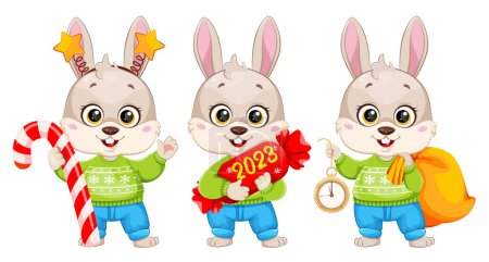 Ilustración de Conejo de dibujos animados, conjunto de tres poses. Lindo conejito. Feliz Navidad y Feliz Año Nuevo. Stock vector ilustración - Imagen libre de derechos