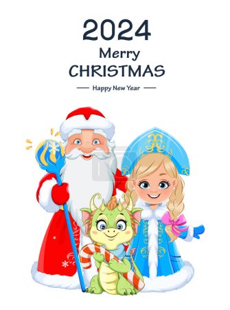 Happy New Year and Merry Christmas. Russian Father Frost (Santa Claus) and Snegurochka (Snow Maiden) standing near cute Dragon. Cartoon characters for winter holidays. Stock vector illustration