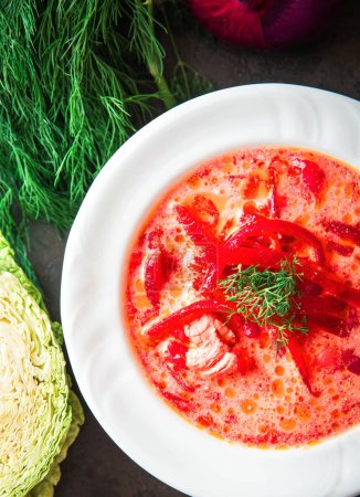 Photo for Beet soup with sour cream. Borch, traditional Ukrainian food - Royalty Free Image