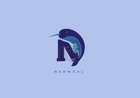 Illustration for This is a modern logo of Narwhal, Great combination of Narwhal symbol with letter N as initial of Narwhal itself. - Royalty Free Image