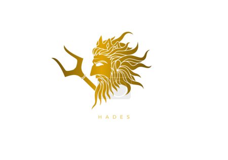 Téléchargez les illustrations : Logo design en or pour Hadès, l'ancien roi grec des enfers et dieu des morts. Fichier vectoriel pour toute résolution sans perdre sa qualité. - en licence libre de droit