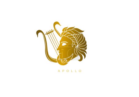 Gold design logo for Apollo, the ancient Greek god of prophecy and oracles, music, song and poetry, archery, healing, plague and disease, and the protection of the young. Vector file for any resolution without losing its quality.