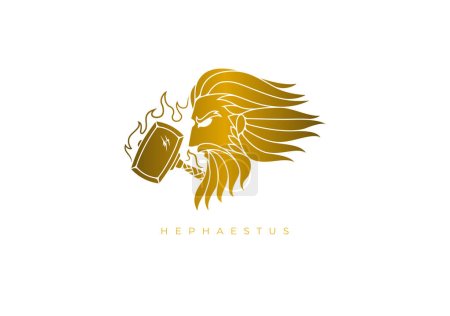 Téléchargez les illustrations : Logo design doré pour Héphaïstos, le dieu grec antique du feu, forgerons, artisans, métallurgie, maçonnerie et sculpture. Fichier vectoriel pour toute résolution sans perdre sa qualité. - en licence libre de droit