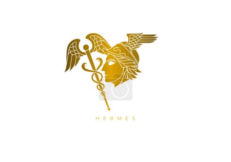Logotipo de diseño de oro para Hermes, el antiguo dios griego de rebaños y rebaños, viajeros y hospitalidad, carreteras y comercio, robo y astucia, heraldos y diplomacia, lenguaje y escritura, concursos atléticos y gimnasios, astronomía y astrología. Vector f