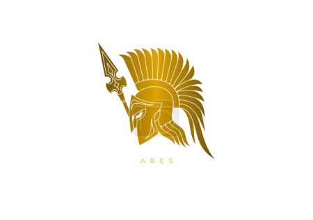 Téléchargez les illustrations : Logo design en or pour Arès, le dieu grec antique de la guerre, de la luxure de guerre, du courage et de l'ordre civil. Fichier vectoriel pour toute résolution sans perdre sa qualité. - en licence libre de droit