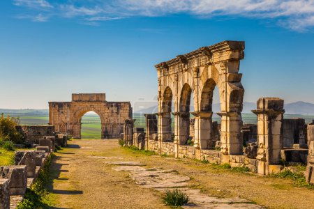 Téléchargez les photos : Le Decumanus Maximus avec la Maison Hercule et l'Arc de Triomphe, Volubilis, Maroc - en image libre de droit