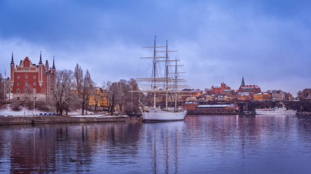 Photo for Af Chapman moored on the shore of the Skeppsholmen Island now serving as a youth hostel, Central Stockholm, Sweden. - Royalty Free Image