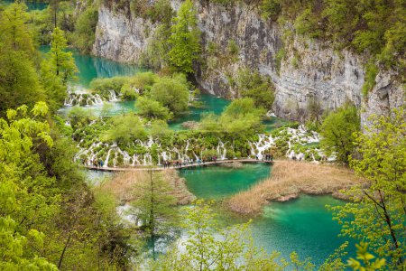 Foto de Increíble vista del agua pura, lagos en cascada de color turquesa, Parque Nacional de los Lagos de Plitvice, Croacia - Imagen libre de derechos