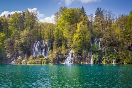 Foto de Maravillosas cascadas sumergidas en lagos turquesas y rodeadas de bosques verdes, Parque Nacional de los Lagos de Plitvice, Croacia - Imagen libre de derechos