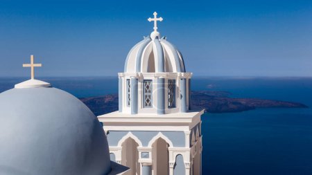 Photo for Orthodox church overlooking the caldera, Santorini, Greece - Royalty Free Image