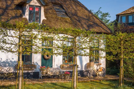 Foto de Preciosa casa holandesa con banco, flores y bicicleta, Giethoorn, Países Bajos - Imagen libre de derechos