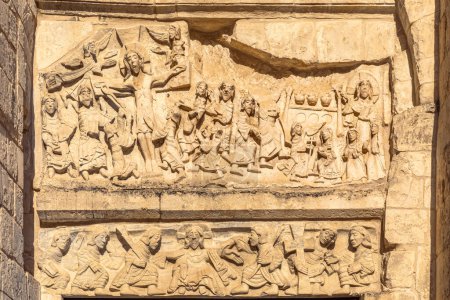 Photo for Bas relief on facade of Baptistery of San Giovanni in Tumba (ST. John in Tumba), Monte Sant'Angelo, Foggia, Italy - Royalty Free Image