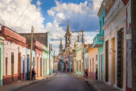 View of the old town with the Sacred Heart of Jesus Cathedral, Camaguey, Cuba. The old town is listed on UNESCO Heritage.