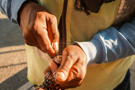 Téléchargez les photos : Un Namibien sculptant un palmier makalani pour fabriquer un porte-clés. Les porte-clés Makalani sont des souvenirs communs vendus dans toute la Namibie. - en image libre de droit