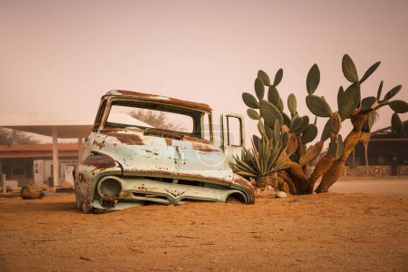 Photo for Abandoned car at the service station of Solitaire in Komas region, Namibia. The station, located within the Namib Desert, is a popular touristic attraction known for its delicious apple pie. - Royalty Free Image