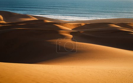 Foto de Dunas curvas del desierto de Namib frente a las tranquilas olas del océano al atardecer, al sur de Walvis Bay, en el Parque Nacional Namib-Naukluft, Namibia. - Imagen libre de derechos