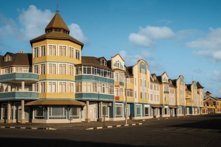 German architecture on Swakopmund, Namibia. This city has a unique architectural style that reflects its German colonial past, with buildings that still showcase this influence today.