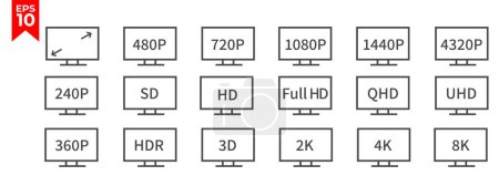 Téléchargez les photos : Ensemble d'icône de résolution d'écran. Taille du moniteur symbole. Hd, FHD, UHD, 4K, écran 8K. Illustration vectorielle - en image libre de droit