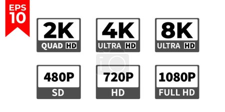 Téléchargez les photos : Icône 8k Ultra Hd, 4k Ultra Hd, 2k quad Hd, Logo 480p SD, 720p HD, 1080p, icône de résolution. Design plat. Illustration vectorielle. - en image libre de droit