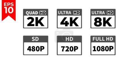Téléchargez les photos : Icône 8k Ultra Hd, 4k Ultra Hd, 2k quad Hd, Logo 480p SD, 720p HD, 1080p, icône de résolution. Design plat. Illustration vectorielle - en image libre de droit