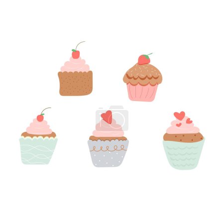 Téléchargez les photos : Cinq cupcakes ensemble d'illustration de style simple - en image libre de droit