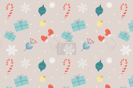 Téléchargez les photos : Modèle de Noël avec des éléments saisonniers mignons lumières, baies, feuilles. Fond festif avec éléments dessinés à la main, illustration vectorielle dans un style plat - en image libre de droit