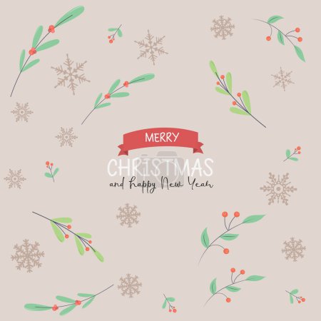 Téléchargez les photos : Joyeux Noël lettrage et motif avec des feuilles et des flocons de neige. Illustration mignonne dans le style vectoriel. - en image libre de droit