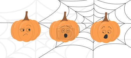 Téléchargez les photos : Trois citrouilles d'Halloween avec des visages mignons. Illustration vectorielle en style plat - en image libre de droit