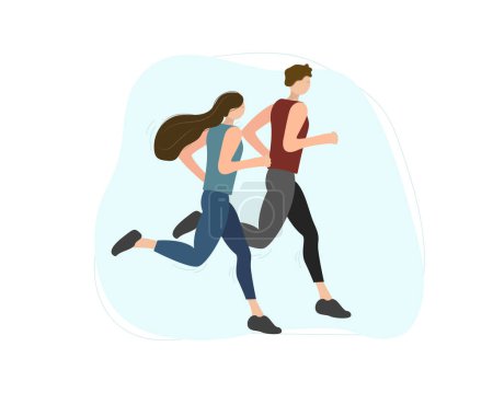 Téléchargez les photos : Coureur de couple. Jeune homme et jeune femme faisant du jogging. Illustration vectorielle en style plat - en image libre de droit