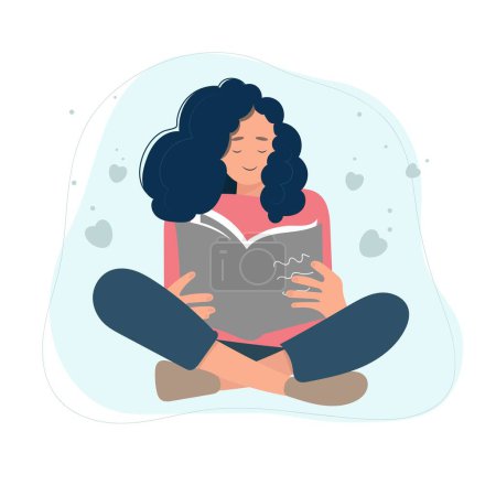 Téléchargez les photos : Jeune femme lisant un livre. Illustration vectorielle en style dessin animé plat. - en image libre de droit