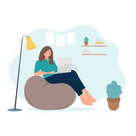 Téléchargez les photos : Femme assise sur une chaise de sac de haricots et travaillant sur un ordinateur portable. Freelance, concept de télétravail. Illustration vectorielle - en image libre de droit
