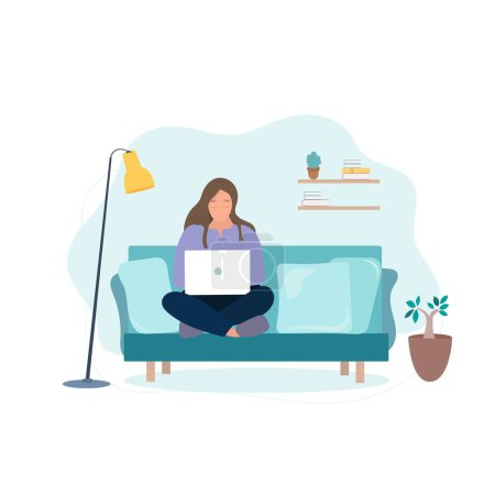 Téléchargez les photos : Femme assise sur un canapé avec ordinateur portable à la maison. Illustration vectorielle en style plat - en image libre de droit