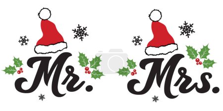 Illustration for Christmas Mr and Mrs wedding vector illustration with cute Santa hat. Merry Christmas design isolated good for Xmas greetings cards, poster, print, sticker, invitations, baby t-shirt, mug, gifts. - Royalty Free Image