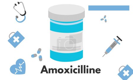 Illustration for Amoxicillin generic drug name. It is an antibiotic used to treat middle ear infection, strep throat, pneumonia, skin infections, and urinary tract infections - Royalty Free Image